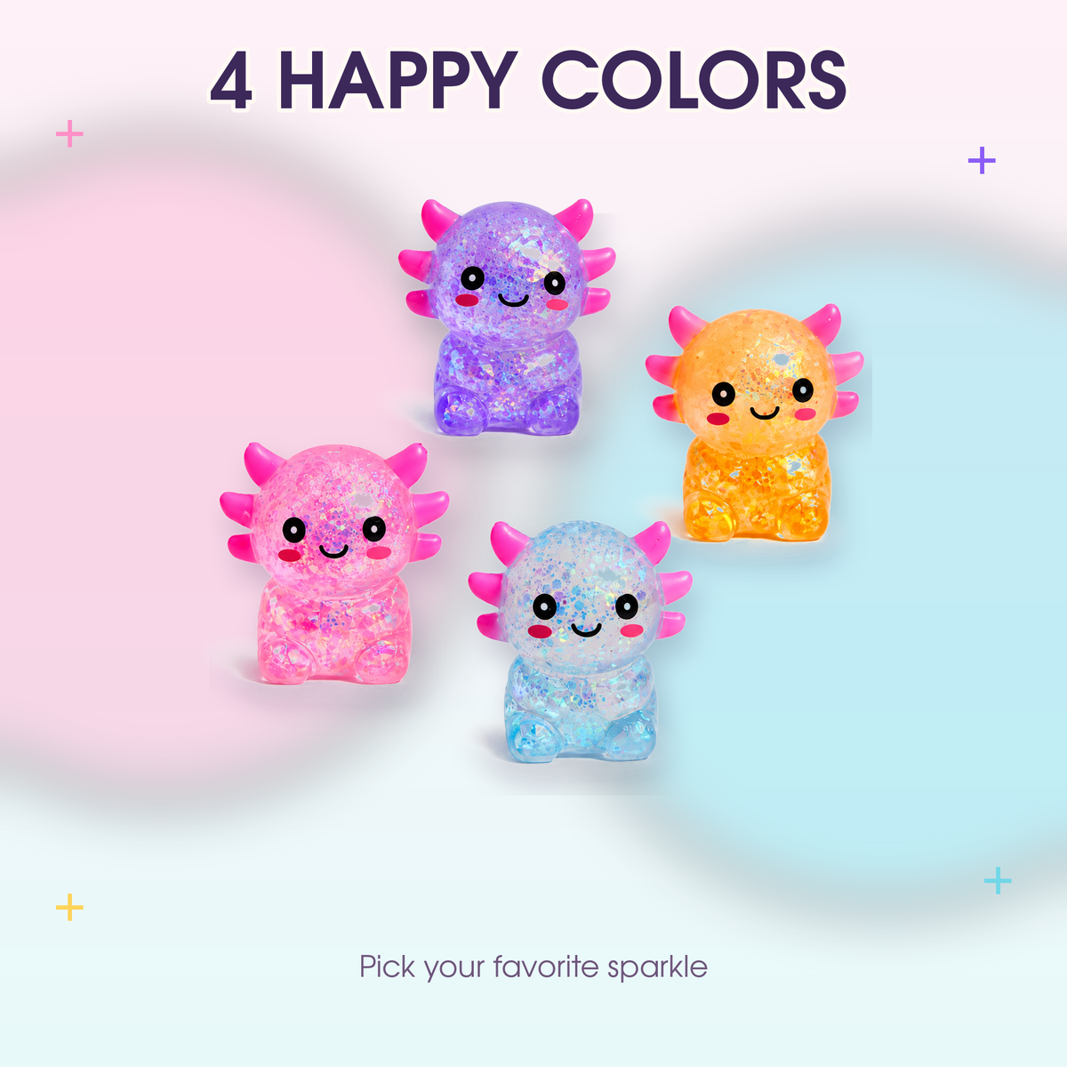 Yoking Sitting Axolotl Squishy Toys, Glitter 4 Pack