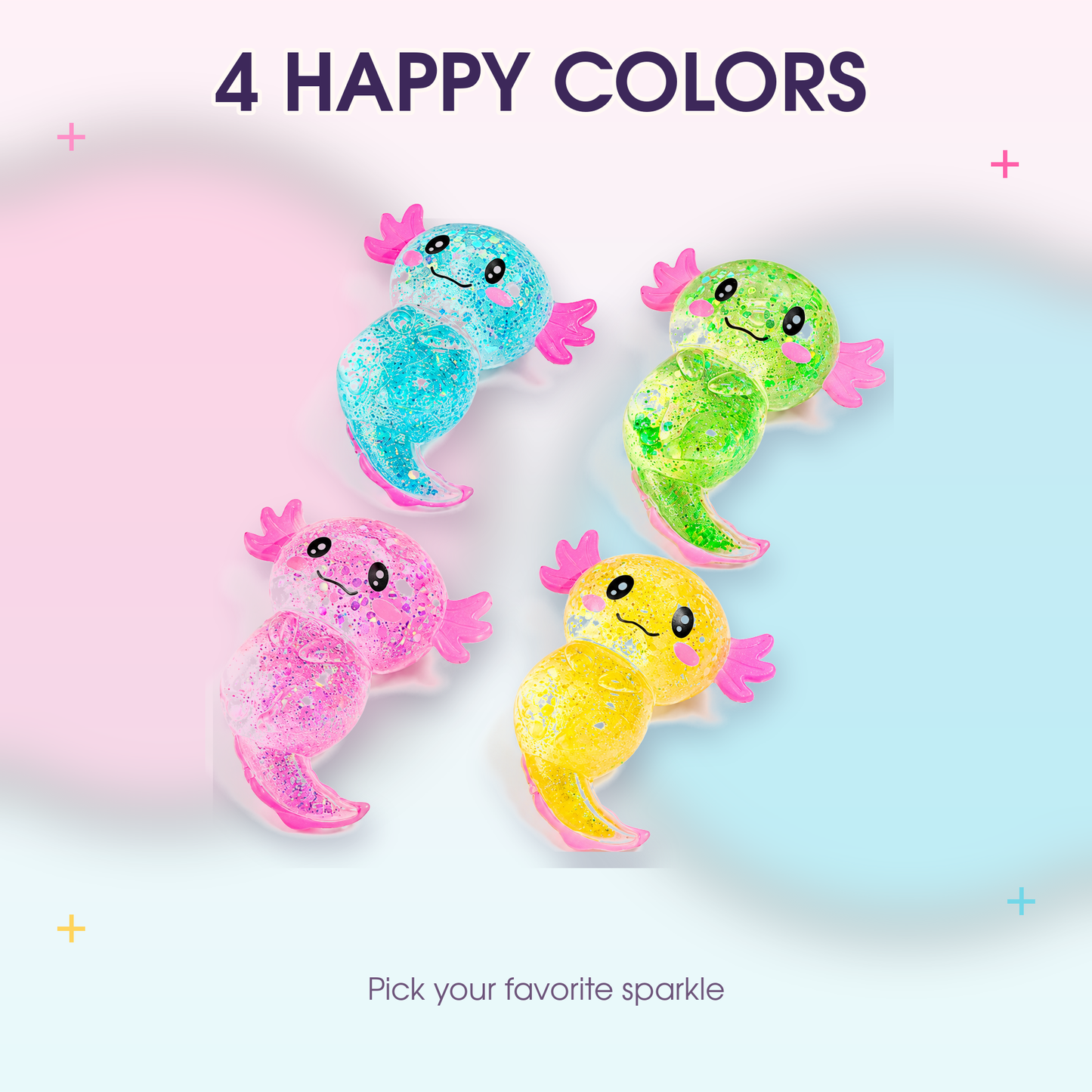 Yoking Standing Axolotl Squishy Toys, Glitter 4 Pack
