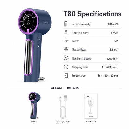 T80 High-Speed Portable Handheld Fan